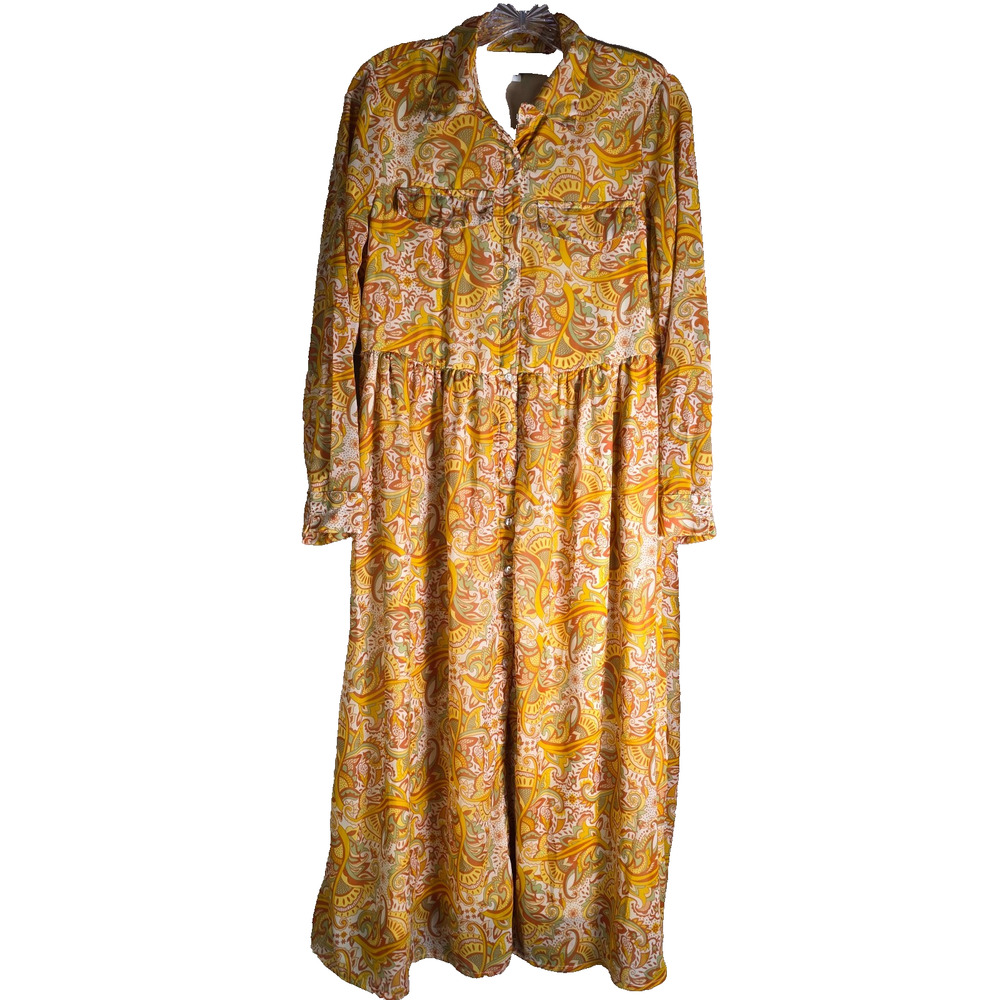 Margaux Riviera Maxi Shirt Dress Yellow Paisley Long Sleeve Colorful - Small